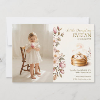 Kleine Dumpling-Blumen-Foto-Mädchen 1. Geburtstag Einladung