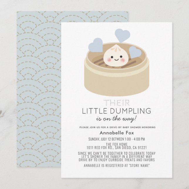 Kleine Dumpling Drive-by Boy Baby Dusche Einladung (Vorne/Hinten)