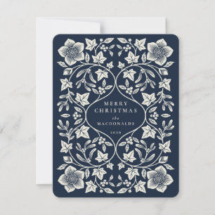Kleine dunkle Navy/Cream-Holzschnitt-Winterbotanic Feiertagskarte