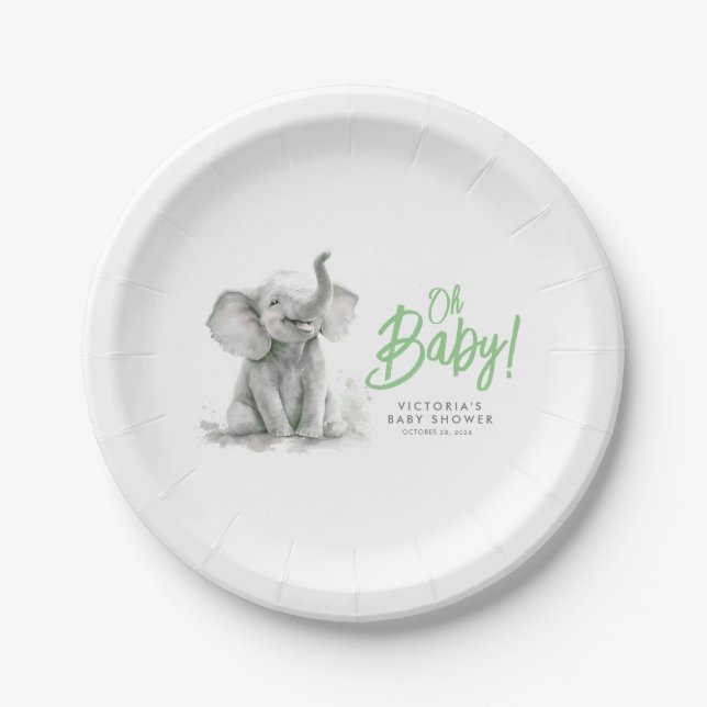 Kleine Elefant Niedlich Green Gray Baby Dusche Pappteller (Vorderseite)