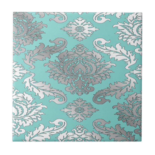 Kleine Elegante Chic Aquamarin Blue Damask Tile Fliese (Vorderseite)