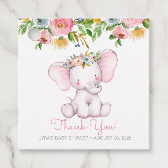 Kleine Elephant Floral Baby Dusche Vielen Dank Geschenkanhänger (Vorderseite)