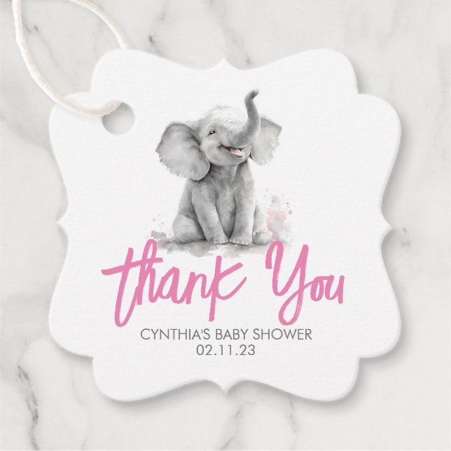 Kleine Elephant Pink Gray Baby Dusche Danke Geschenkanhänger (Vorderseite)