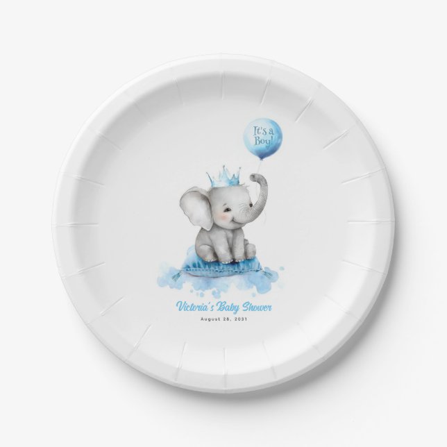 Kleine Elephant Prince Niedlich Blue Baby Dusche Pappteller (Vorderseite)