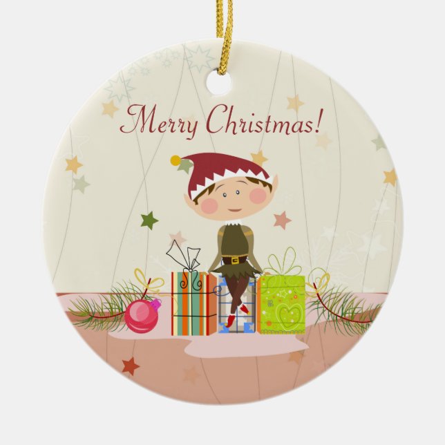 Kleine Elf-Mädchen und Weihnachtsgeschenke Keramikornament (Vorne)