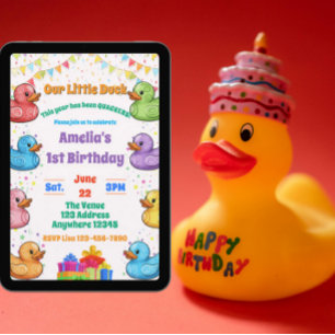 Kleine Ente, Bunte Gummiente, 1. Geburtstag Einladung