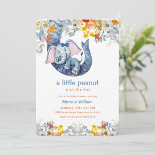 Kleine Erdnuss Blauer Elefant Florale Babyparty Einladung