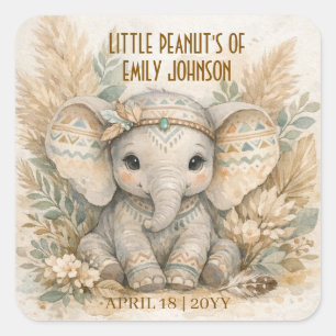 Kleine Erdnuss Boho Safari Elefant Junge Babyparty Quadratischer Aufkleber