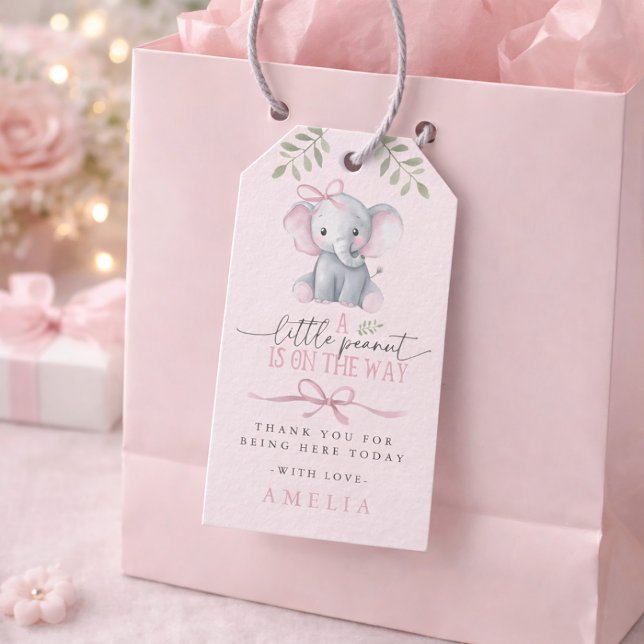 Kleine Erdnuss Elefant Rosa Babyparty Geschenkanhänger (Little Peanut Elephant Pink Baby Shower Gift Tags)