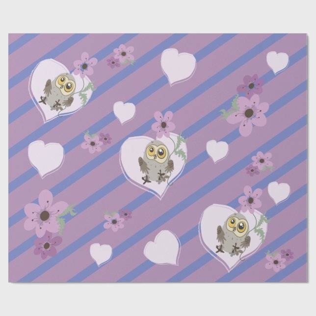 Kleine Eule Herz & Blume Geschenkpapier (Flach)
