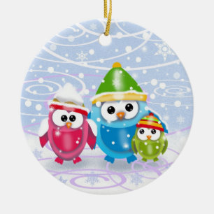 Kleine Eulen im Schnee-Christbaumschmuck Keramikornament