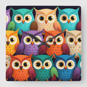 Kleine farbenfrohe Owls Quadratische Wanduhr