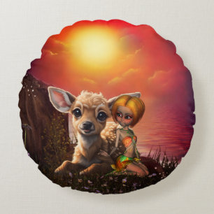 Kleine Fee und die niedliche Fawn. Rundes Kissen