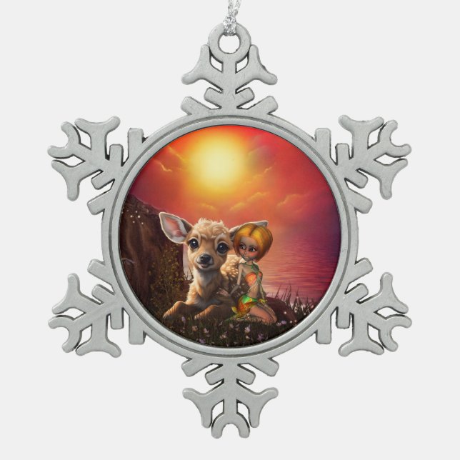 Kleine Fee und die niedliche Fawn. Schneeflocken Zinn-Ornament (Vorderseite)
