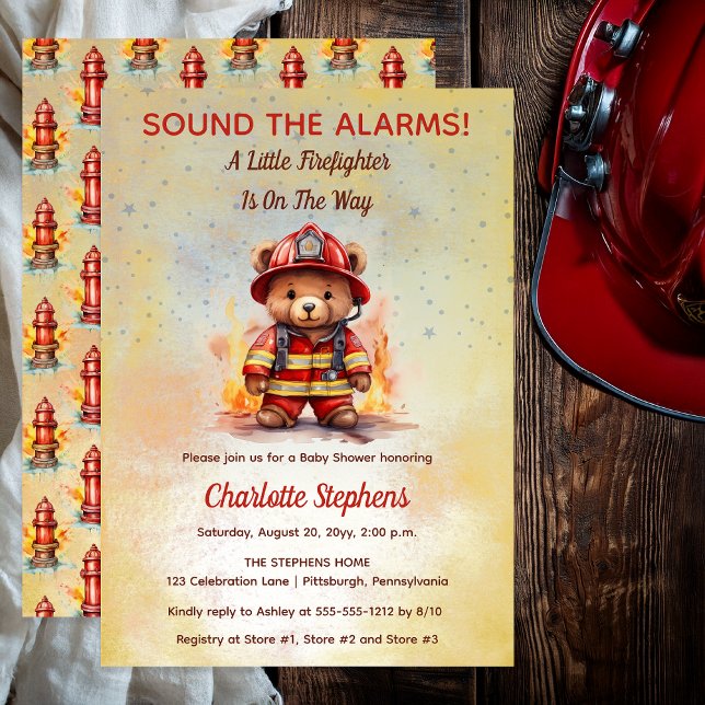 Kleine Feuerwehr-Teddybär-Babyparty Einladung (Sound the Alarms!  A Little Firefighter Is On The Way Cute Teddy Bear Baby Shower Invitation )