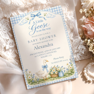 Kleine Gans Blaue Gingham-Baby-Party Einladung