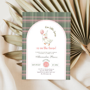 Kleine Gans Rosa Schleife Gingham Babyparty Einladung