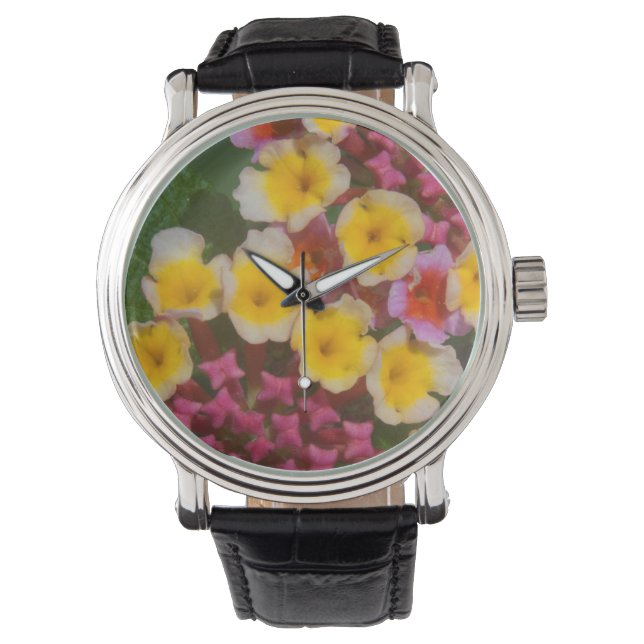Kleine, gelbe tropische Blume mit rosafarbenen Bud Armbanduhr (Vorderseite)
