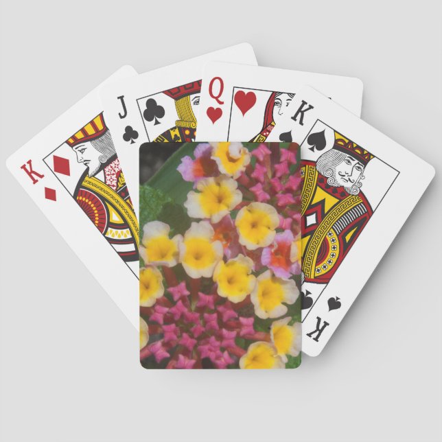 Kleine, gelbe tropische Blume mit rosafarbenen Bud Spielkarten (Rückseite)