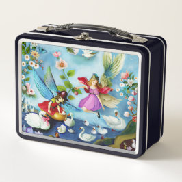 Kleine Girl Fairies Fütternd Schwäne Metall Brotdose