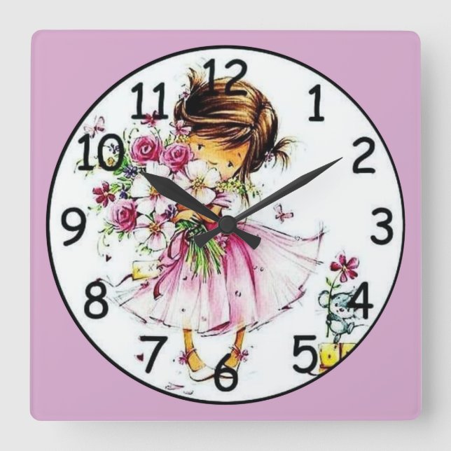 Kleine Girl Holding Blume Kunst, Dichtung und Musi Quadratische Wanduhr (Vorderseite)