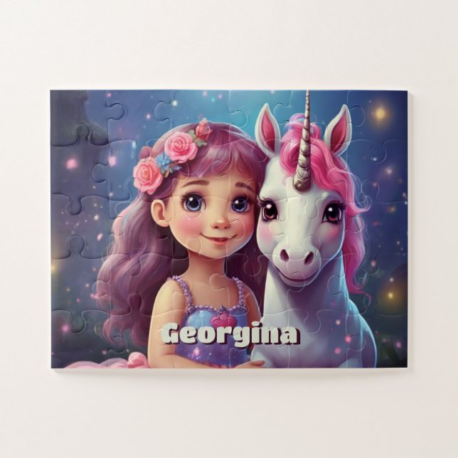 Kleine Girl mit Unicorn Personalisiert Puzzle (Horizontal)