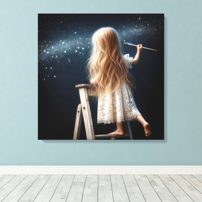Kleine Girl Painting Stars im nächtlichen Himmel Leinwanddruck (Insitu (Holzboden))
