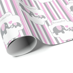 Kleine, graue und rosa Striplephants Babydusche Geschenkpapier