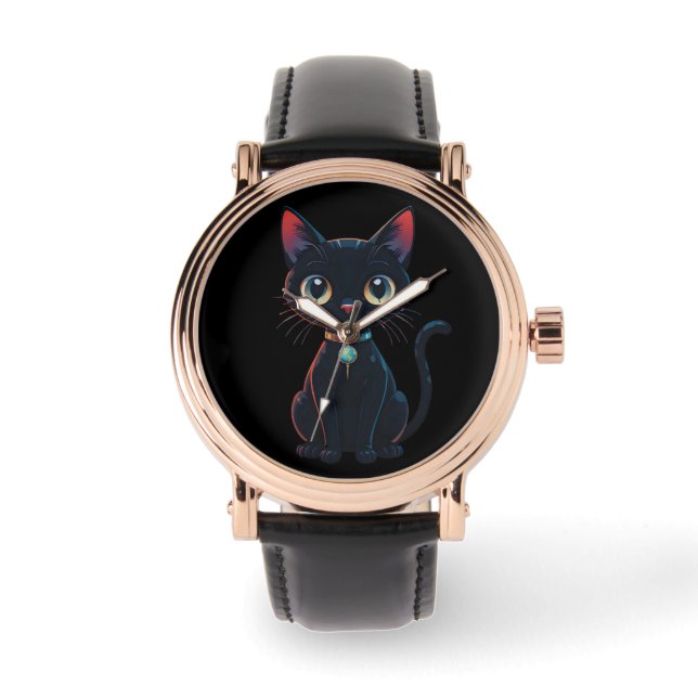 Kleine gruselige schwarze Katze Armbanduhr (Vorderseite)