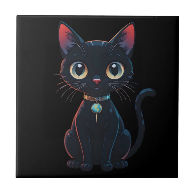 Kleine gruselige schwarze Katze Fliese (Vorderseite)