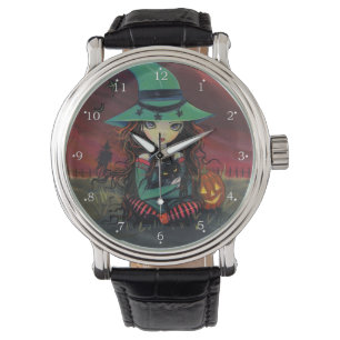Kleine Halloween-Hexen-Fantasy-Kunst Armbanduhr