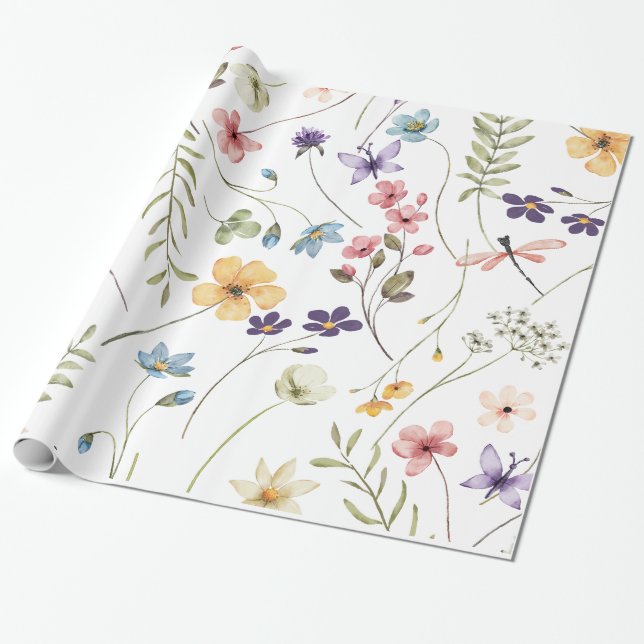 Kleine helle Wildblumen Wasserfarbe Geburtstag Geschenkpapier (Ungerollt)