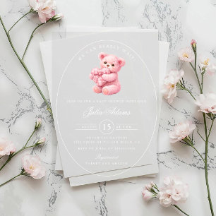Kleine Herz-Rosa-Gingham-Teddybär-Baby-Party Acryleinladungen