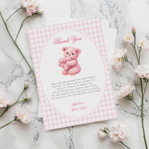 Kleine Herz-Rosa-Gingham-Teddybär-Baby-Party Einladung