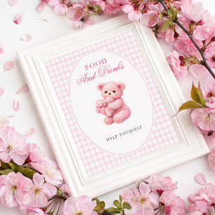 Kleine Herz-Rosa-Gingham-Teddybär-Baby-Party Poster