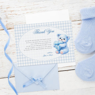 Kleine Herzen Blau Gingham Teddy Bär Baby Shower Dankeskarte