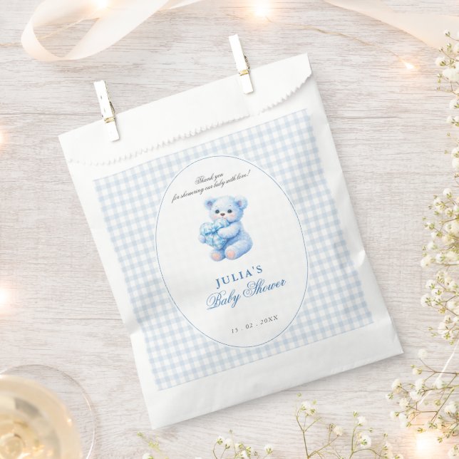 Kleine Herzen Blau Gingham Teddy Bär Baby Shower Geschenktütchen (Ausgeschnitten)