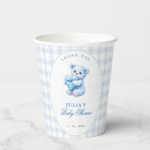 Kleine Herzen Blau Gingham Teddy Bär Baby Shower Pappbecher