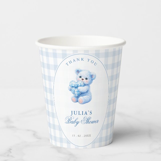 Kleine Herzen Blau Gingham Teddy Bär Baby Shower Pappbecher (Rückseite)
