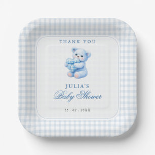 Kleine Herzen Blau Gingham Teddy Bär Baby Shower Pappteller