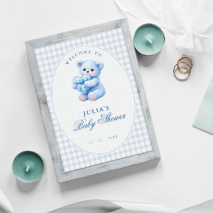 Kleine Herzen Blau Gingham Teddy Bär Baby Shower Poster