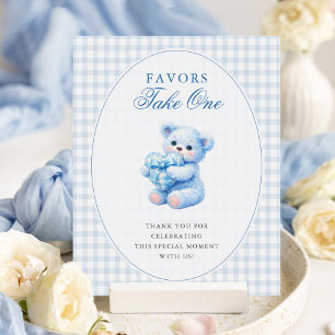 Kleine Herzen Blau Gingham Teddy Bär Baby Shower Poster