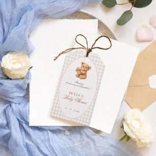 Kleine Herzen braun Gingham Teddy Bär Baby Shower Geschenkanhänger