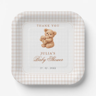 Kleine Herzen braun Gingham Teddy Bär Baby Shower Pappteller