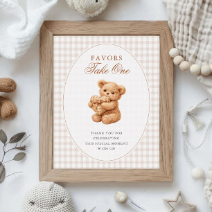 Kleine Herzen braun Gingham Teddybär Baby Shower Poster