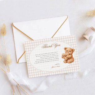 Kleine Herzen braunes Gingham-Teddybär-Baby-Party Dankeskarte
