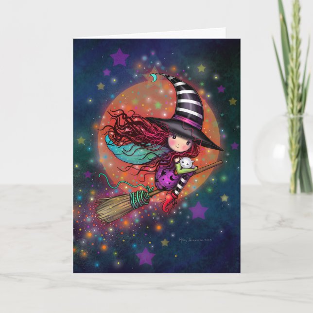 Kleine Hexe auf dem Zimmer mit ihrer Katze Karte (Vorderseite)