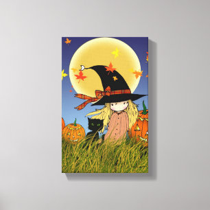 Kleine Hexe mit schwarzer Katze Halloween Leinwand