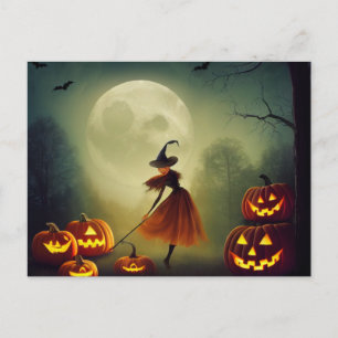Kleine Hexe tanzt zwischen Halloween Kürbissen Postkarte