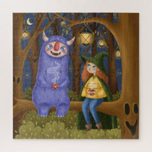 Kleine Hexe und Ghoule-Teeparty im Waldpuzzle Puzzle